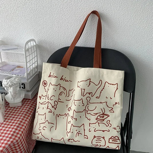 Canvas Bag Womens Handbag Shopping Bag Cute Cat Zipper Handbag Designer Bag Japanese Style Cartoon Small Shoulder Bag